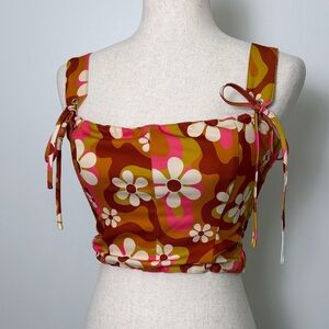 Current Mood Floral Tie-Shoulder Crop Top - Pink, Brown & Cream